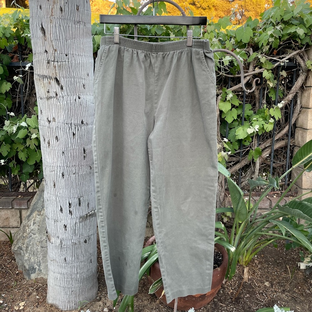 Green Elastic Linen Canvas Pants Size 14